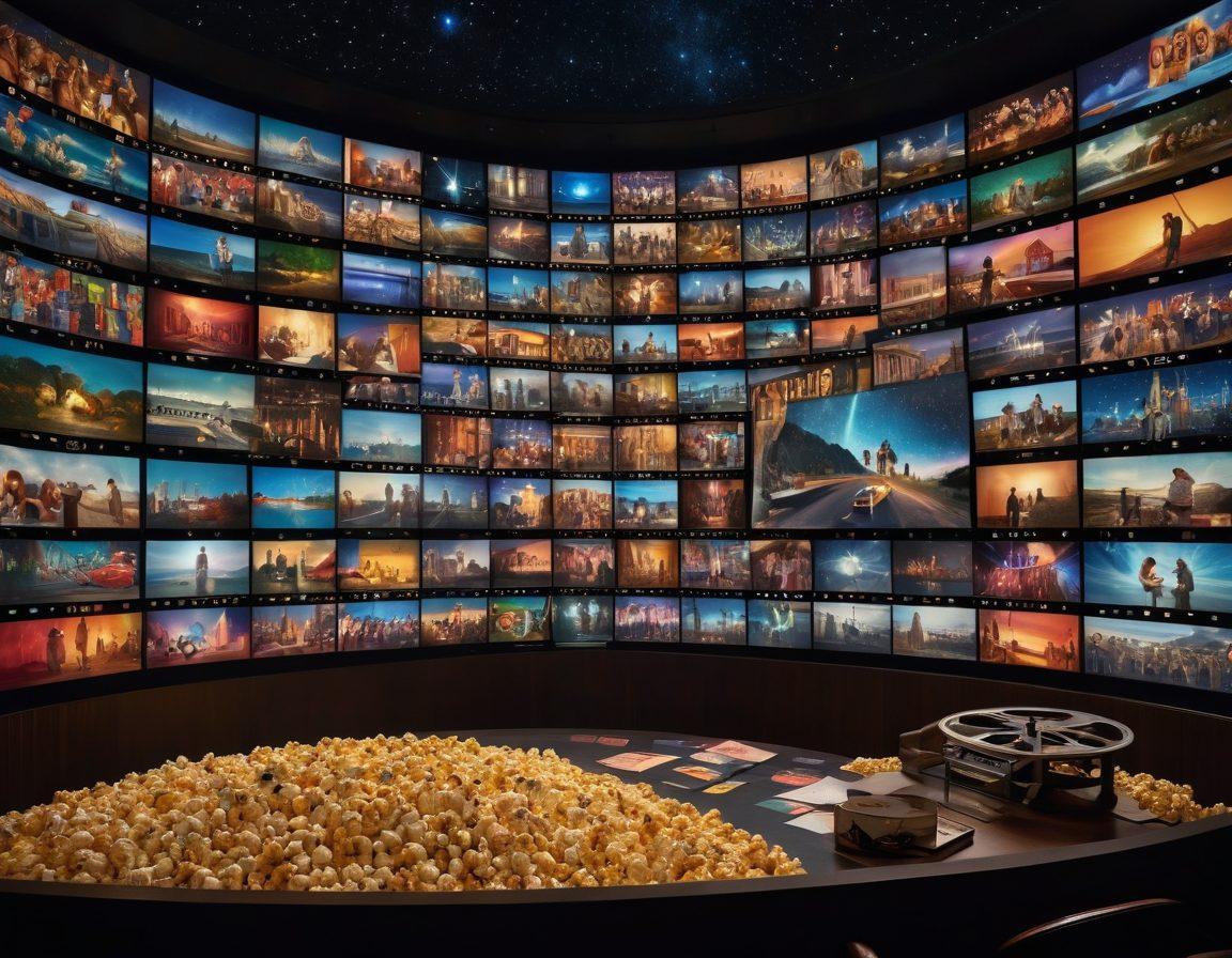 An enchanting collage depicting various film genres, featuring a film reel unfurling with iconic movie scenes, directors at work, and a critic jotting down notes. Include a backdrop of a cinema screen with vibrant colors, popcorn, and clapperboards scattered in the foreground. Add starry night sky elements to evoke a sense of wonder in the cinematic universe. super-realistic. vibrant colors.