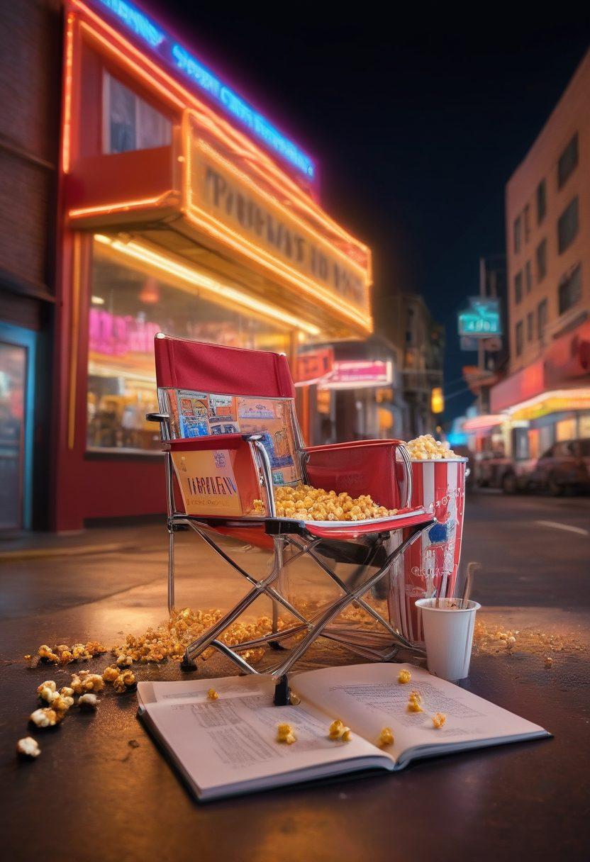 A captivating film reel unspooling across a vibrant cinema backdrop, surrounded by glowing neon lights of trailers, and packed with iconic movie symbols like popcorn and director's chairs, with a movie critic's notebook and pen elegantly resting at the forefront. super-realistic. vibrant colors. 3D.