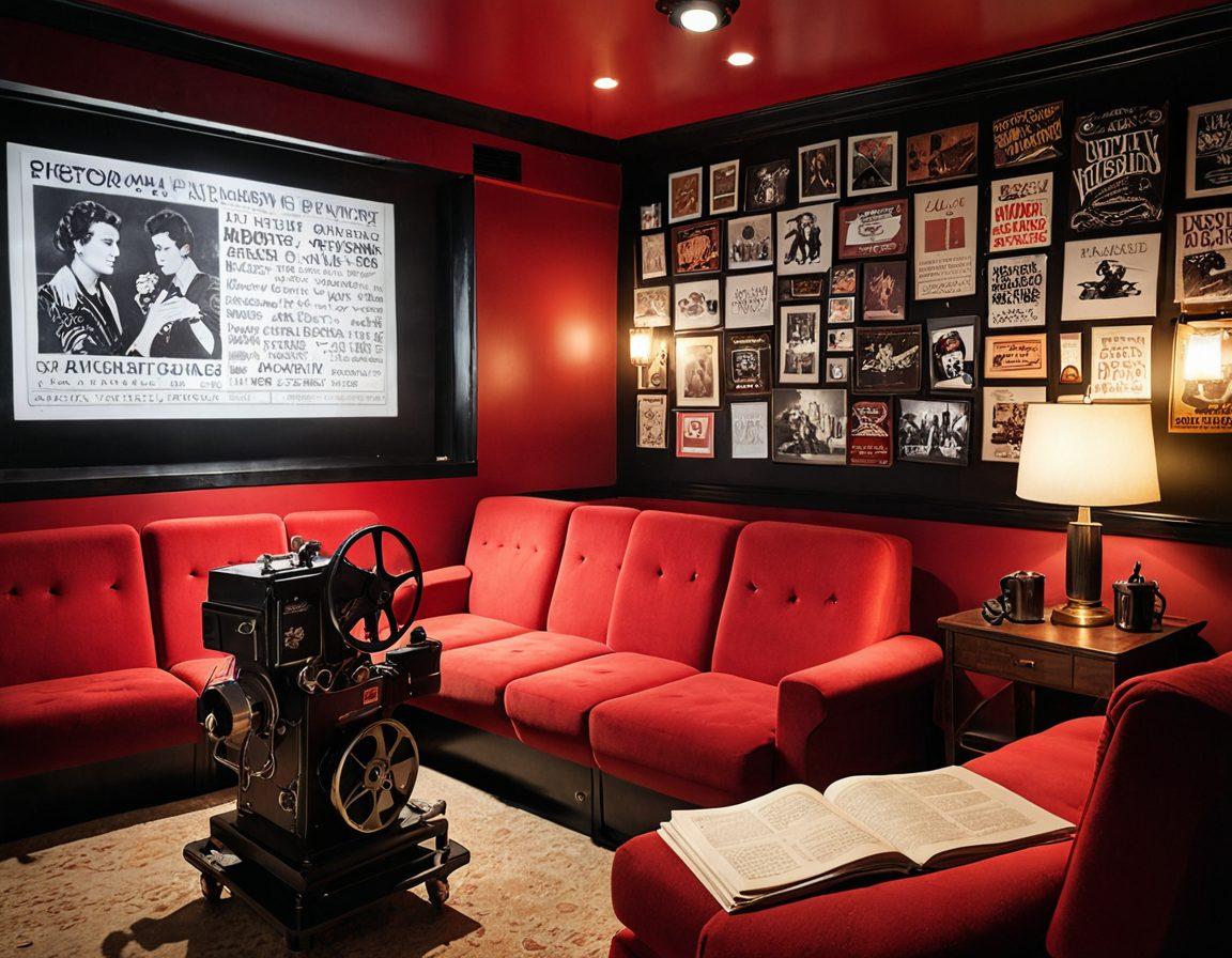 A cinematic scene featuring an old-fashioned film projector casting vibrant movie reels in a darkened room filled with plush red velvet seating. In the foreground, a vintage film critic's notebook lies open with notes and sketches, surrounded by popcorn and soda. Add elements like movie posters on the walls showcasing iconic films and a spotlight illuminating the projector. super-realistic. vibrant colors. cinematic atmosphere.